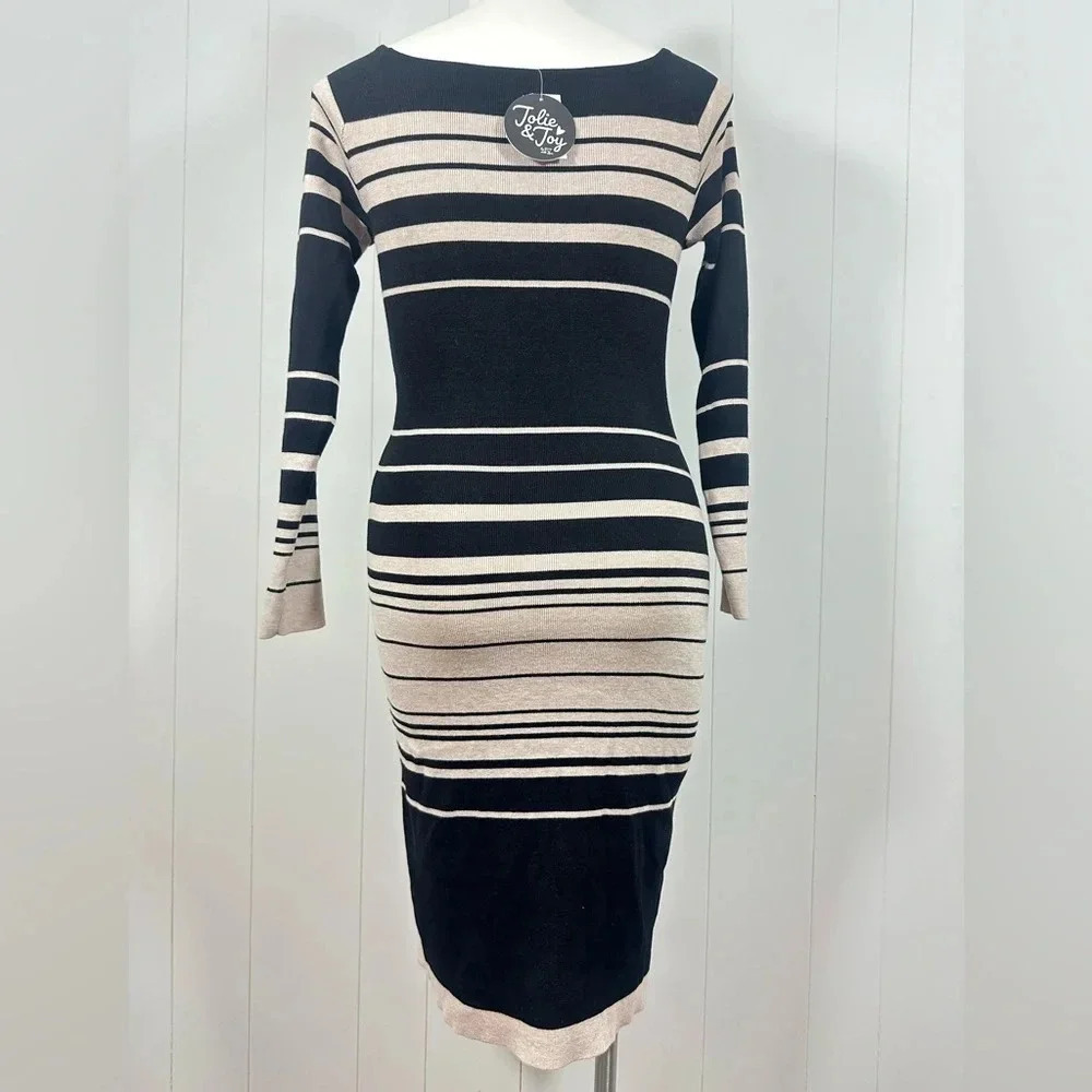 Jolie & Joy Plus Sz 3X Stripped Beige/ Black Long Sleeve Knit Dress - Picture 7 of 12